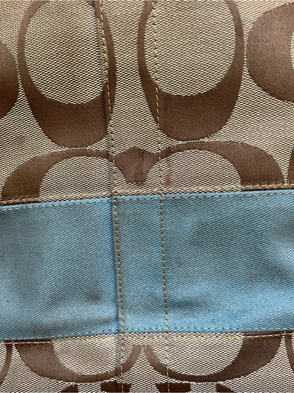 Coach Brown Signature Canvas Tote with Light Blue Trim